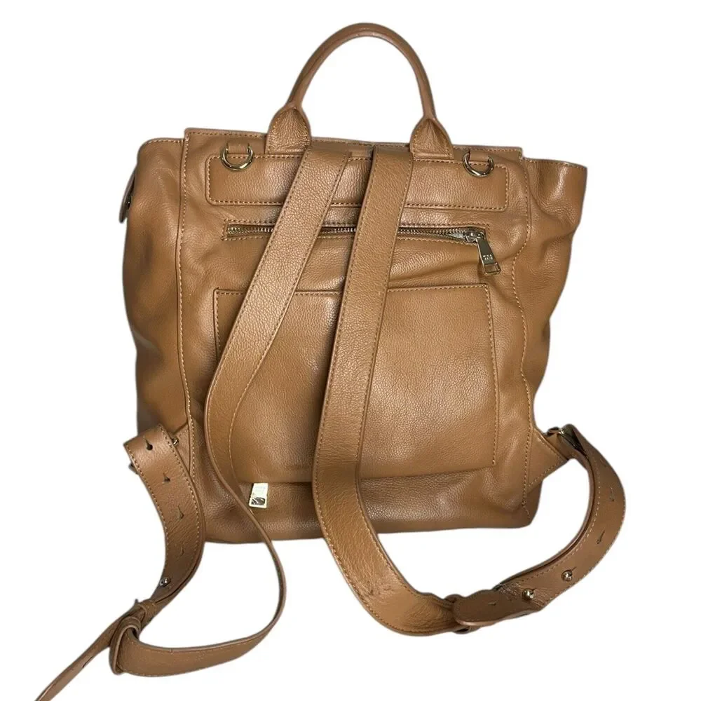 Mina Baie Harper Backpack Diaper Bag Brown Cognac Leather $319 MSRP